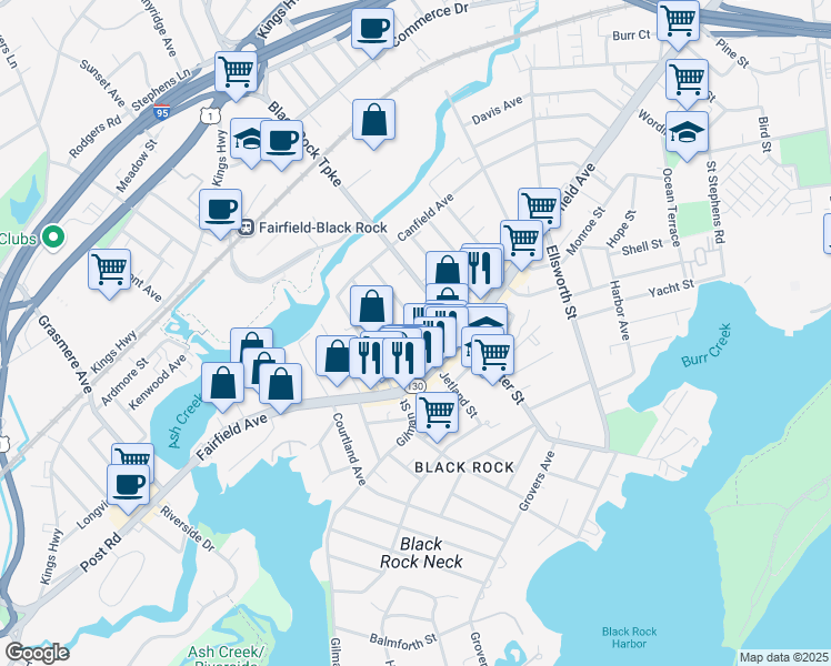 map of restaurants, bars, coffee shops, grocery stores, and more near 48 Bennett Street in Bridgeport