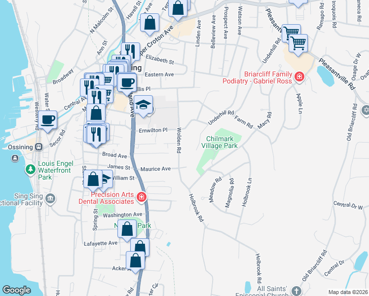 map of restaurants, bars, coffee shops, grocery stores, and more near 48 Wolden Road in Ossining