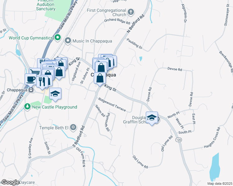 map of restaurants, bars, coffee shops, grocery stores, and more near 540 King Street in Chappaqua