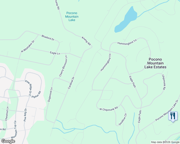 map of restaurants, bars, coffee shops, grocery stores, and more near Hummingbird Trail in Bushkill
