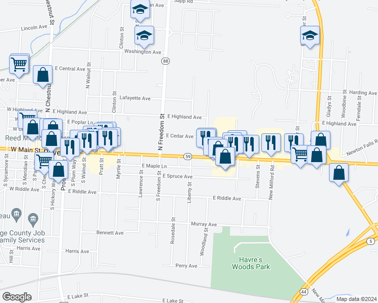 map of restaurants, bars, coffee shops, grocery stores, and more near 743 East Main Street in Ravenna