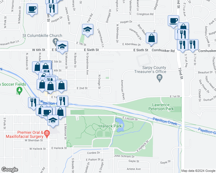 map of restaurants, bars, coffee shops, grocery stores, and more near 600 Osage Drive in Papillion