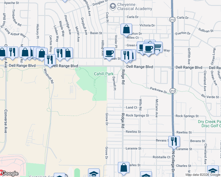 map of restaurants, bars, coffee shops, grocery stores, and more near 4220 Darnell Place in Cheyenne