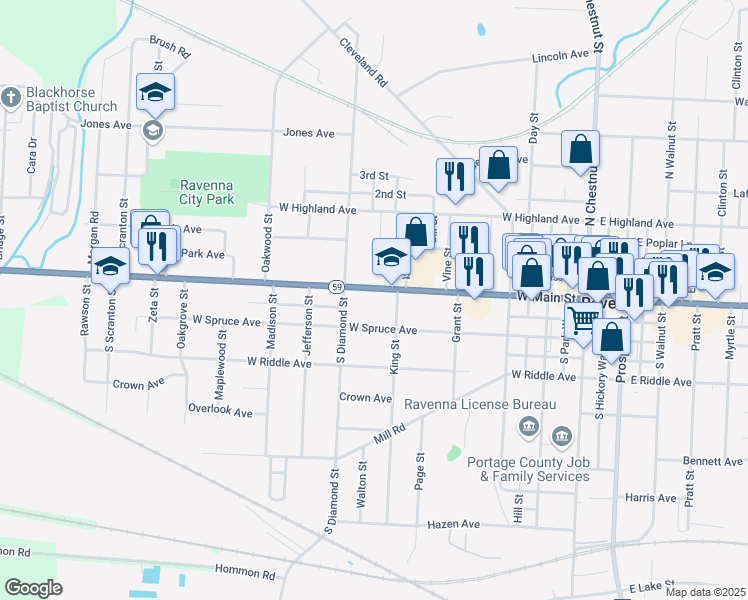 map of restaurants, bars, coffee shops, grocery stores, and more near 639 West Main Street in Ravenna