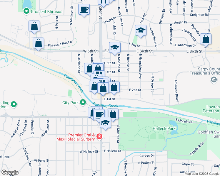 map of restaurants, bars, coffee shops, grocery stores, and more near 220 North Jefferson Street in Papillion