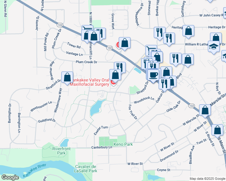 map of restaurants, bars, coffee shops, grocery stores, and more near 40 Briarcliff Prof Center in Bourbonnais