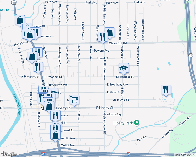 map of restaurants, bars, coffee shops, grocery stores, and more near 529 East Prospect Street in Girard