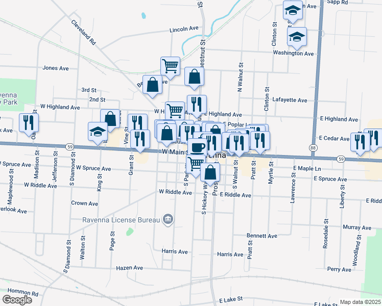 map of restaurants, bars, coffee shops, grocery stores, and more near 113 West Main Street in Ravenna