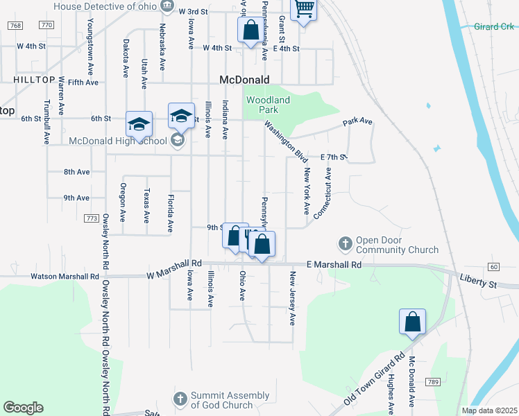 map of restaurants, bars, coffee shops, grocery stores, and more near 841 Ohio Avenue in McDonald