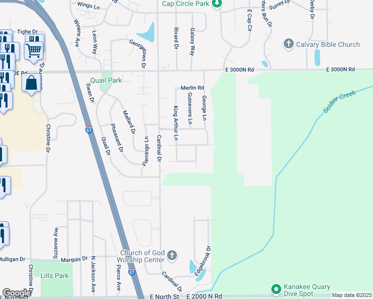 map of restaurants, bars, coffee shops, grocery stores, and more near 1544 Lady Brunetta Road in Bourbonnais