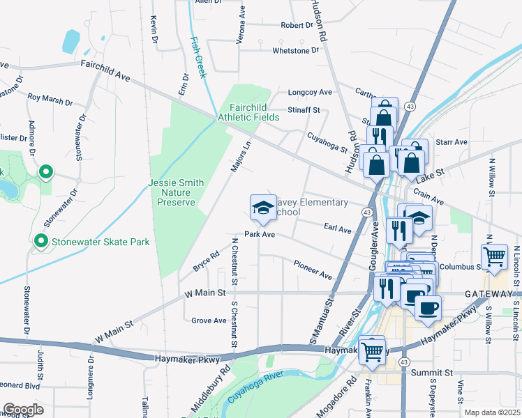 map of restaurants, bars, coffee shops, grocery stores, and more near 196 North Prospect Street in Kent