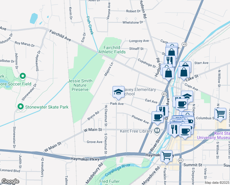 map of restaurants, bars, coffee shops, grocery stores, and more near 196 North Prospect Street in Kent