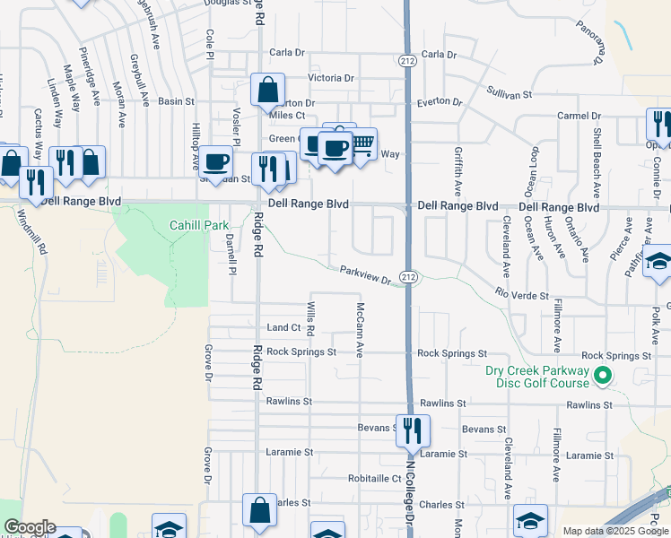 map of restaurants, bars, coffee shops, grocery stores, and more near 3616 Woodhaven Drive in Cheyenne