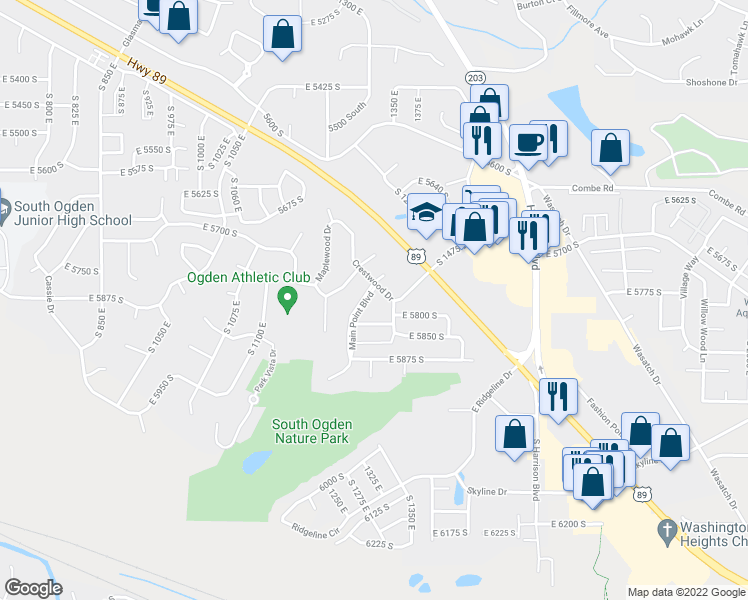 map of restaurants, bars, coffee shops, grocery stores, and more near 6 East 5825 South in South Ogden
