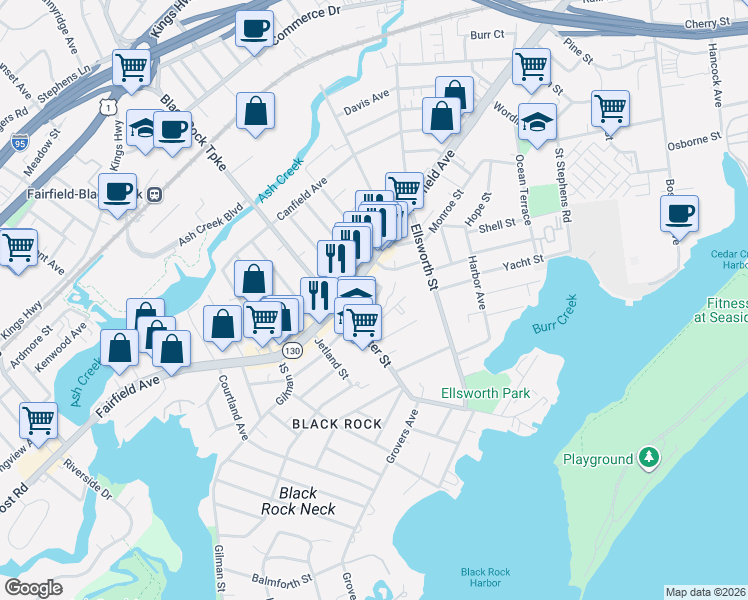 map of restaurants, bars, coffee shops, grocery stores, and more near 568 Brewster Street in Bridgeport