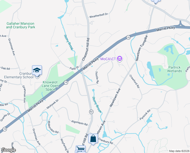 map of restaurants, bars, coffee shops, grocery stores, and more near 30 Thistle Road in Norwalk