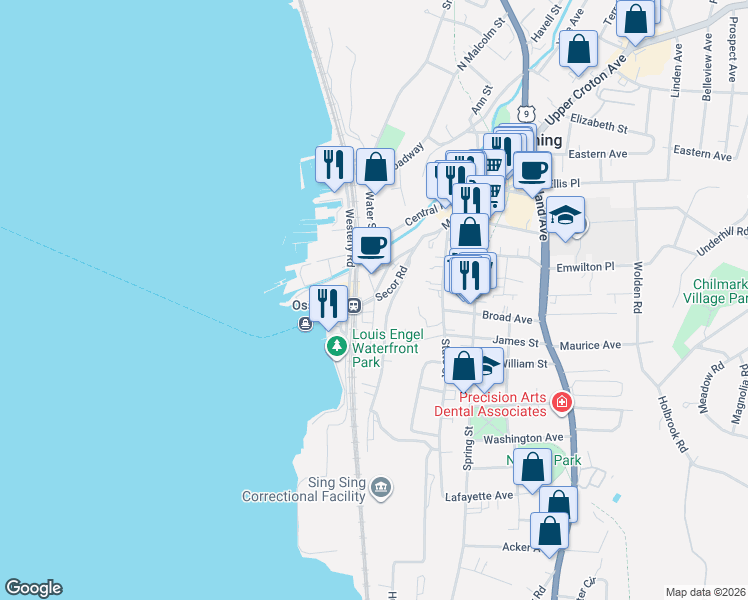 map of restaurants, bars, coffee shops, grocery stores, and more near in Ossining