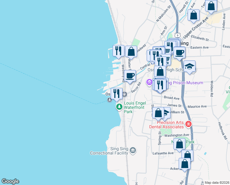 map of restaurants, bars, coffee shops, grocery stores, and more near 1-3 Secor Road in Ossining