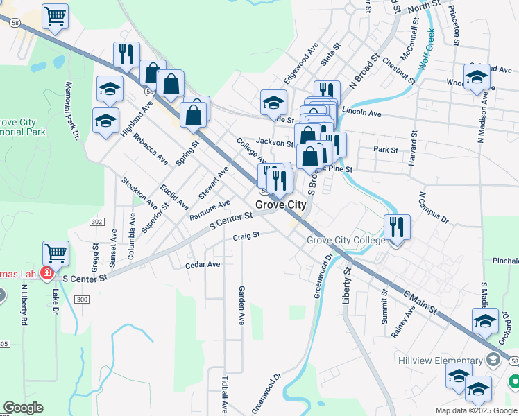 map of restaurants, bars, coffee shops, grocery stores, and more near 127 West Poplar Street in Grove City