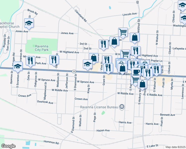 map of restaurants, bars, coffee shops, grocery stores, and more near 612 West Spruce Avenue in Ravenna