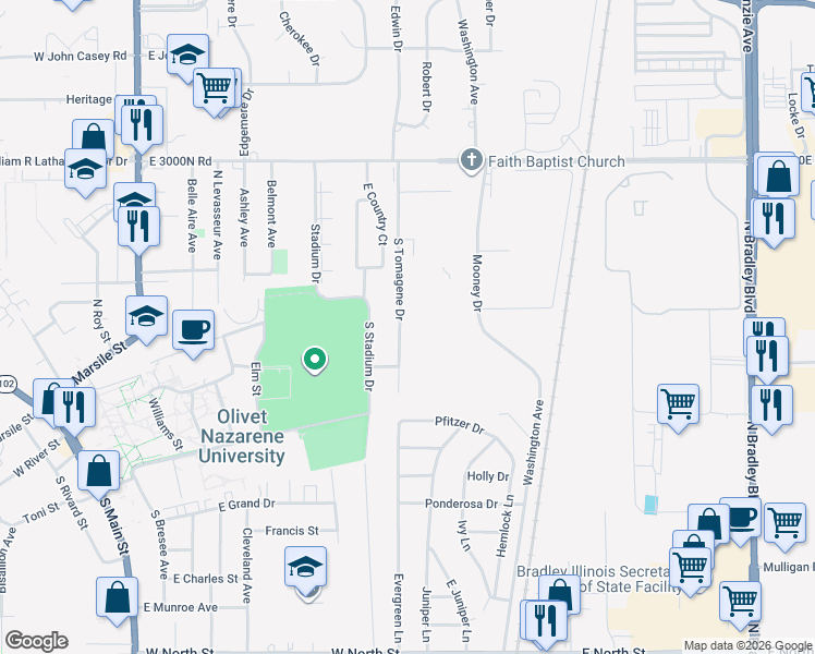map of restaurants, bars, coffee shops, grocery stores, and more near 190B South Tomagene Drive in Bourbonnais