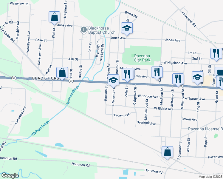 map of restaurants, bars, coffee shops, grocery stores, and more near 228 South Scranton Street in Ravenna