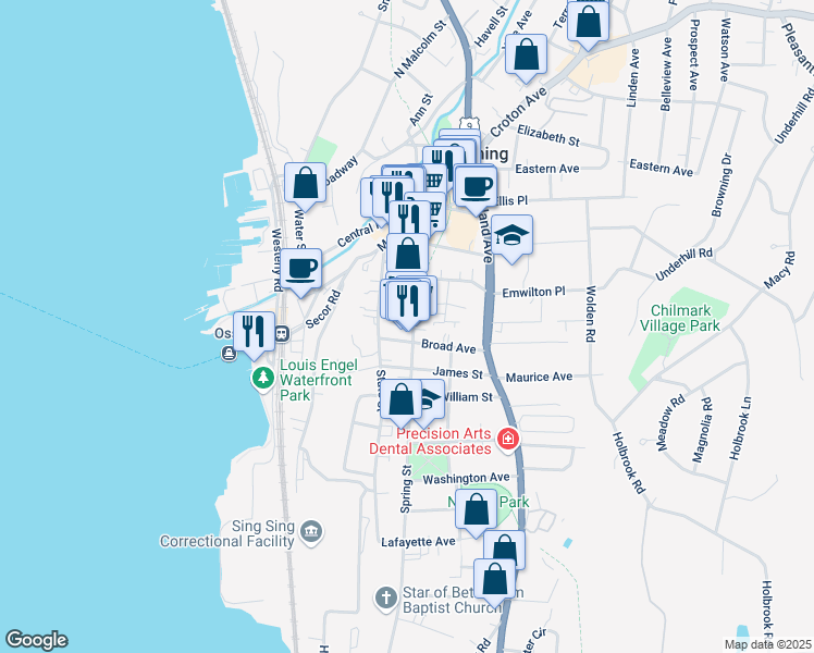 map of restaurants, bars, coffee shops, grocery stores, and more near 10 Broad Avenue in Ossining