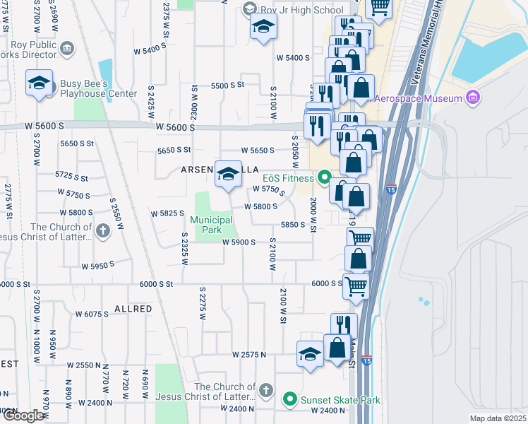 map of restaurants, bars, coffee shops, grocery stores, and more near 2111 West 5800 South in Roy