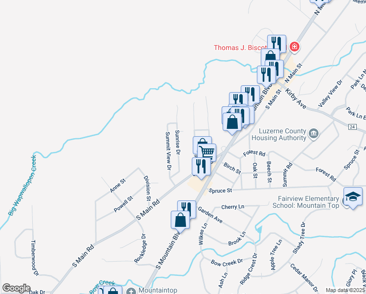map of restaurants, bars, coffee shops, grocery stores, and more near 9 Sunrise Drive in Mountain Top