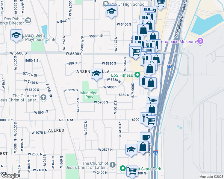 map of restaurants, bars, coffee shops, grocery stores, and more near 2111 West 5800 South in Roy