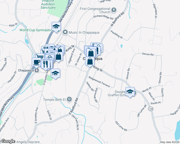 map of restaurants, bars, coffee shops, grocery stores, and more near 12 Ridgewood Terrace in Chappaqua