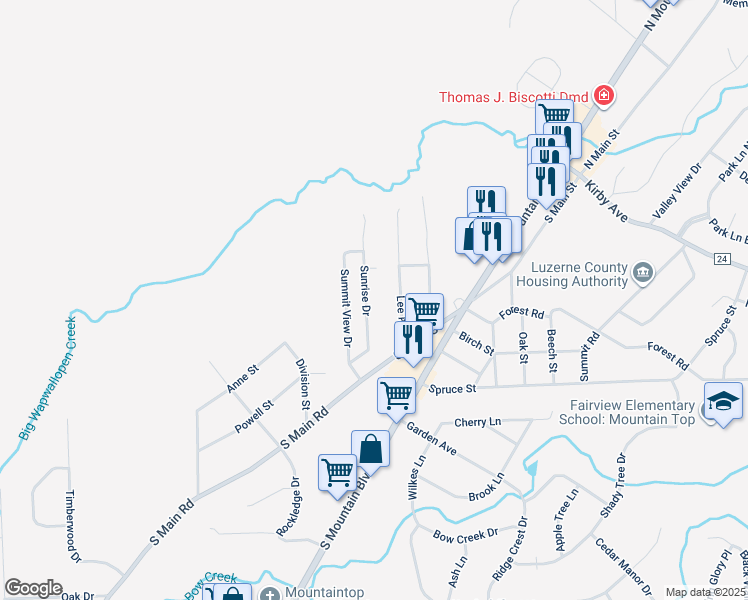 map of restaurants, bars, coffee shops, grocery stores, and more near 9 Sunrise Drive in Mountain Top