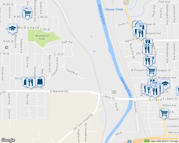 map of restaurants, bars, coffee shops, grocery stores, and more near 941 Parkside Place in McDonald
