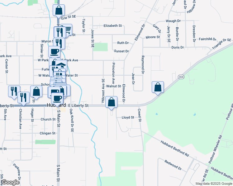 map of restaurants, bars, coffee shops, grocery stores, and more near 28 Elmwood Drive in Hubbard