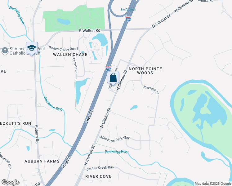 map of restaurants, bars, coffee shops, grocery stores, and more near 8268 N Clinton St in Fort Wayne