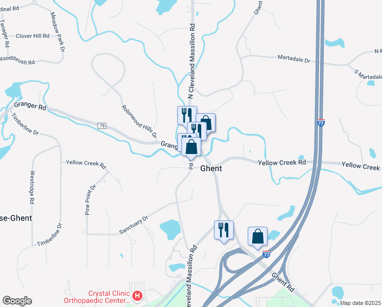 map of restaurants, bars, coffee shops, grocery stores, and more near 805 Wye Road in Akron