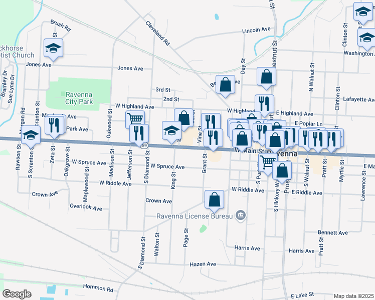 map of restaurants, bars, coffee shops, grocery stores, and more near 607 West Main Street in Ravenna
