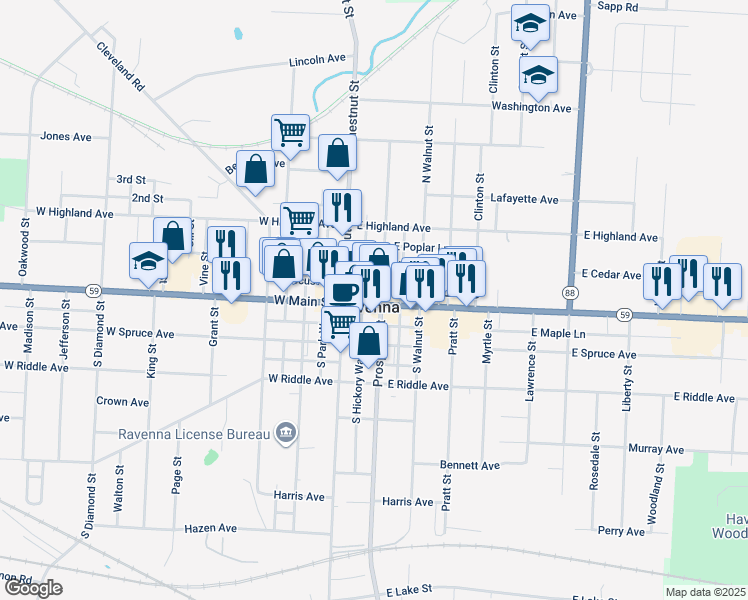 map of restaurants, bars, coffee shops, grocery stores, and more near 133 East Main Street in Ravenna