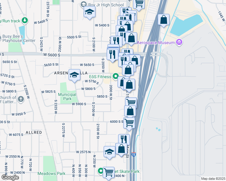 map of restaurants, bars, coffee shops, grocery stores, and more near 1951 West 5700 South in Roy