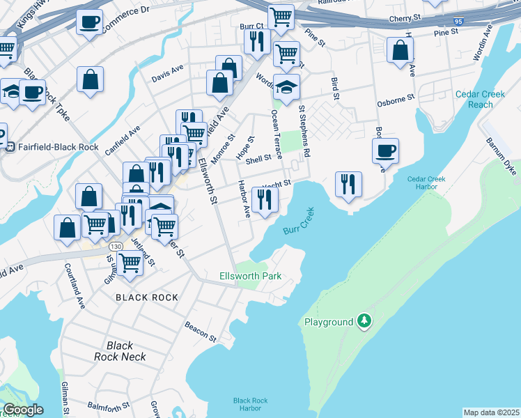 map of restaurants, bars, coffee shops, grocery stores, and more near 44 Yacht Street in Bridgeport