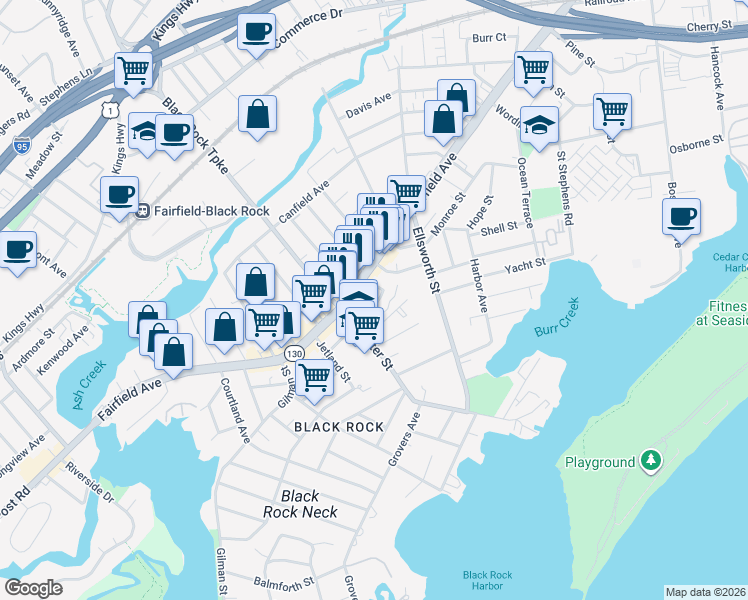map of restaurants, bars, coffee shops, grocery stores, and more near 2742 Fairfield Avenue in Bridgeport