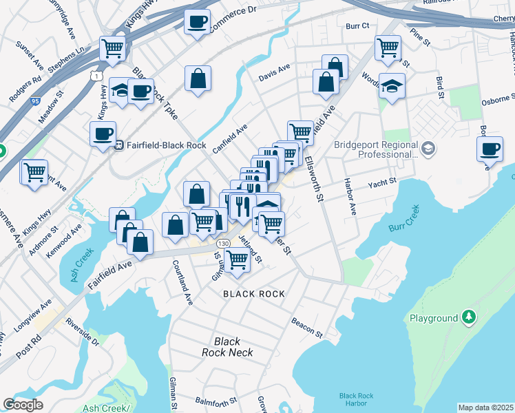 map of restaurants, bars, coffee shops, grocery stores, and more near 702 Brewster Street in Bridgeport