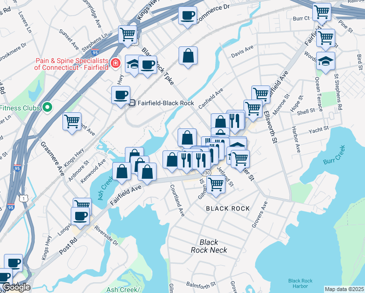 map of restaurants, bars, coffee shops, grocery stores, and more near 170 Bennett Street in Bridgeport