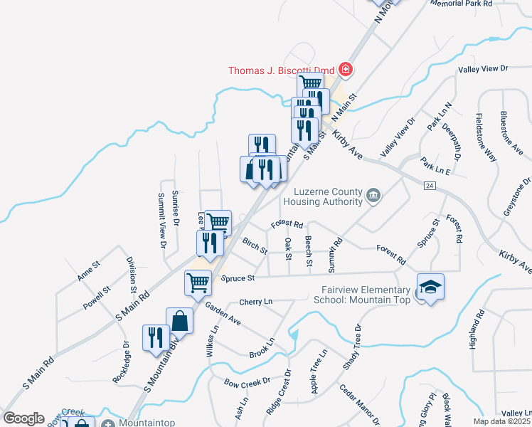 map of restaurants, bars, coffee shops, grocery stores, and more near 57-89 South Mountain Boulevard in Mountain Top