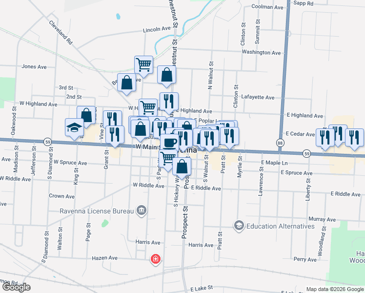 map of restaurants, bars, coffee shops, grocery stores, and more near 122 North Prospect Street in Ravenna