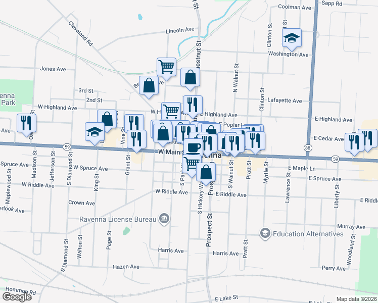 map of restaurants, bars, coffee shops, grocery stores, and more near 122 North Chestnut Street in Ravenna