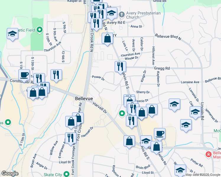 map of restaurants, bars, coffee shops, grocery stores, and more near 206 Chevro Lane in Bellevue