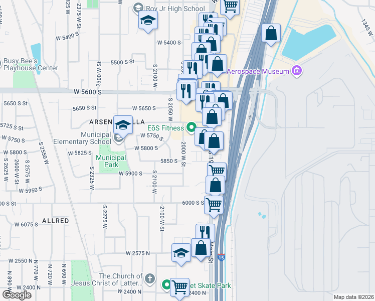 map of restaurants, bars, coffee shops, grocery stores, and more near 5810 South 2000 West in Roy
