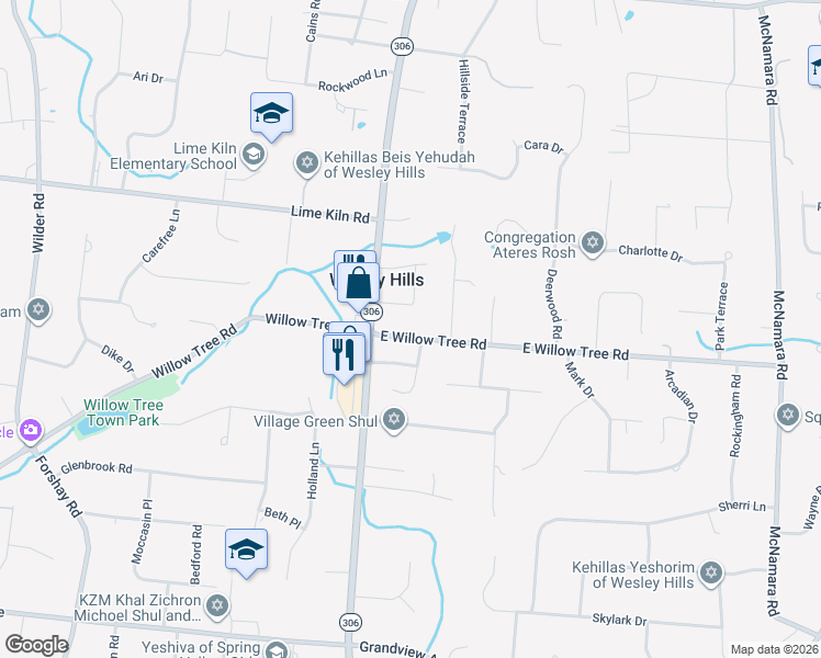 map of restaurants, bars, coffee shops, grocery stores, and more near 7 Tobey Lane in Monsey
