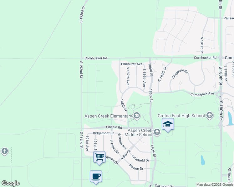 map of restaurants, bars, coffee shops, grocery stores, and more near 10005 Cornhusker Road in Omaha